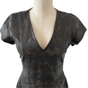 Parker Leather Dress Black Cut Outs Lined Fitted Mini V-Neck Size Medium